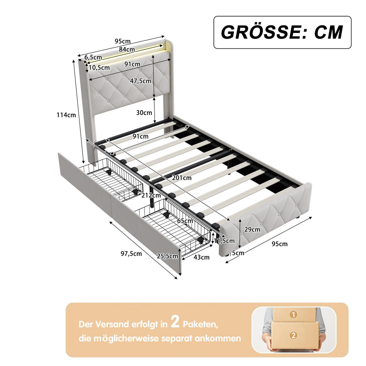 POLSTERBETT 90x200 cm mit 2 Schubladen, LED, USB & Type-C, Einzelbett Kopfteil und Lattenrost, Beige - Beige, Metall (90/200cm) - EuroLiving