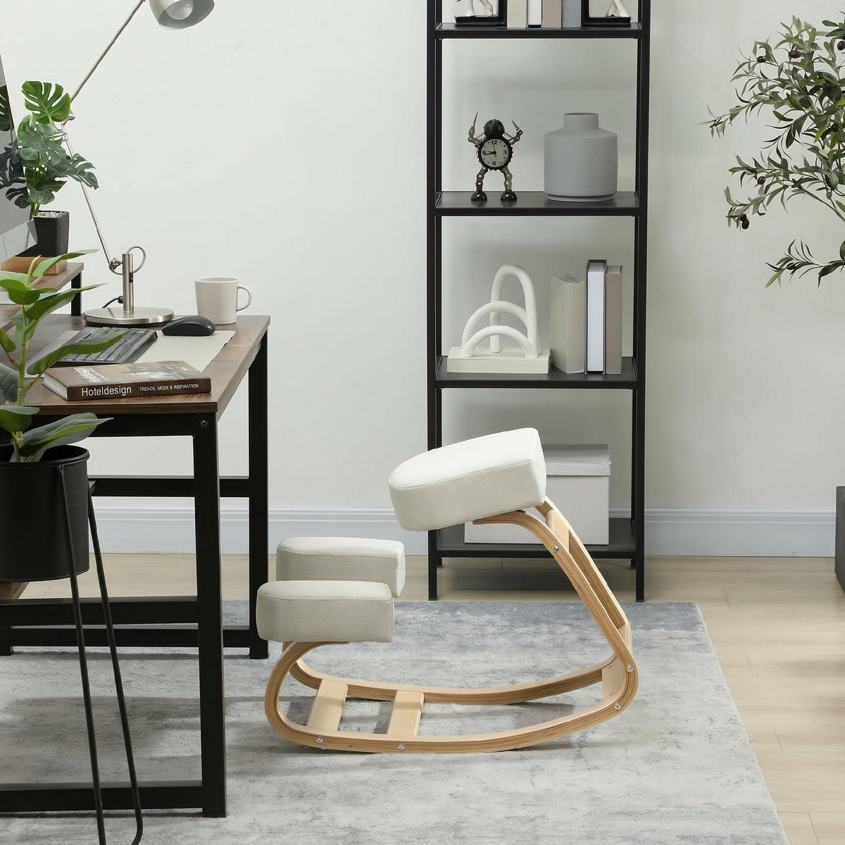 KNIESTUHL Birke Polyester Cremeweiß - Creme, Holz (51/58/69cm) - Vinsetto