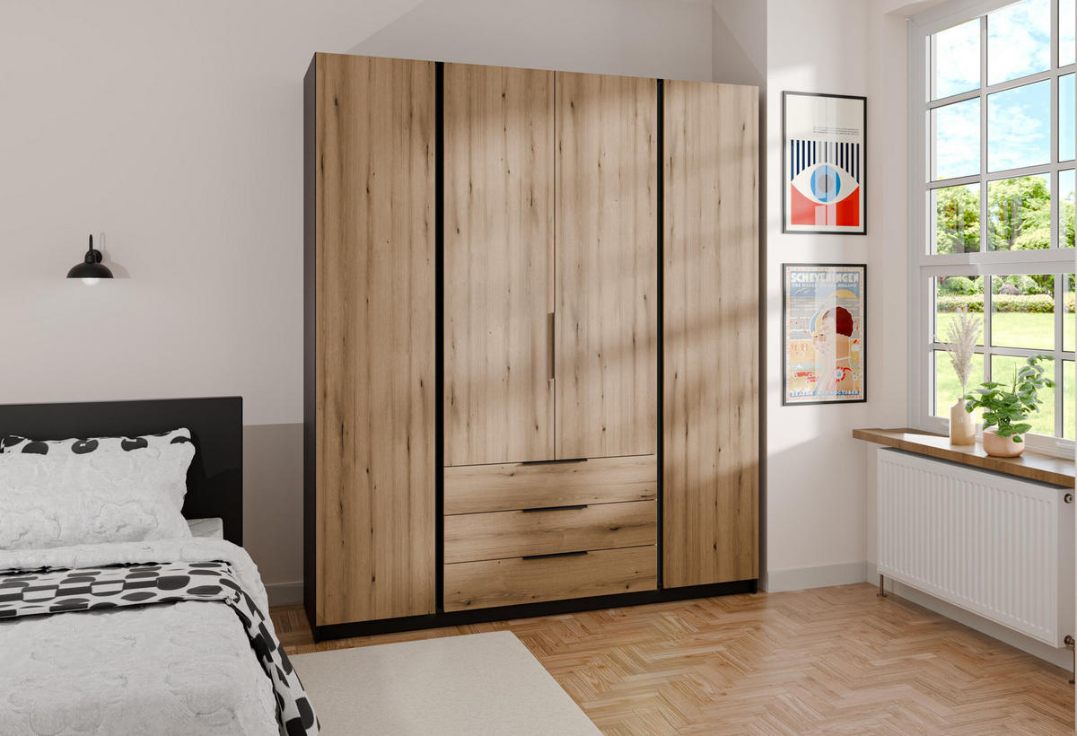 KLEIDERSCHRANK Nehir Schwarz/Eiche Evoke 200 cm - 4T3S Modern mit Schubladen - Eichefarben/Schwarz, Holzwerkstoff/Kunststoff (200/239/61.9cm) - AX Living