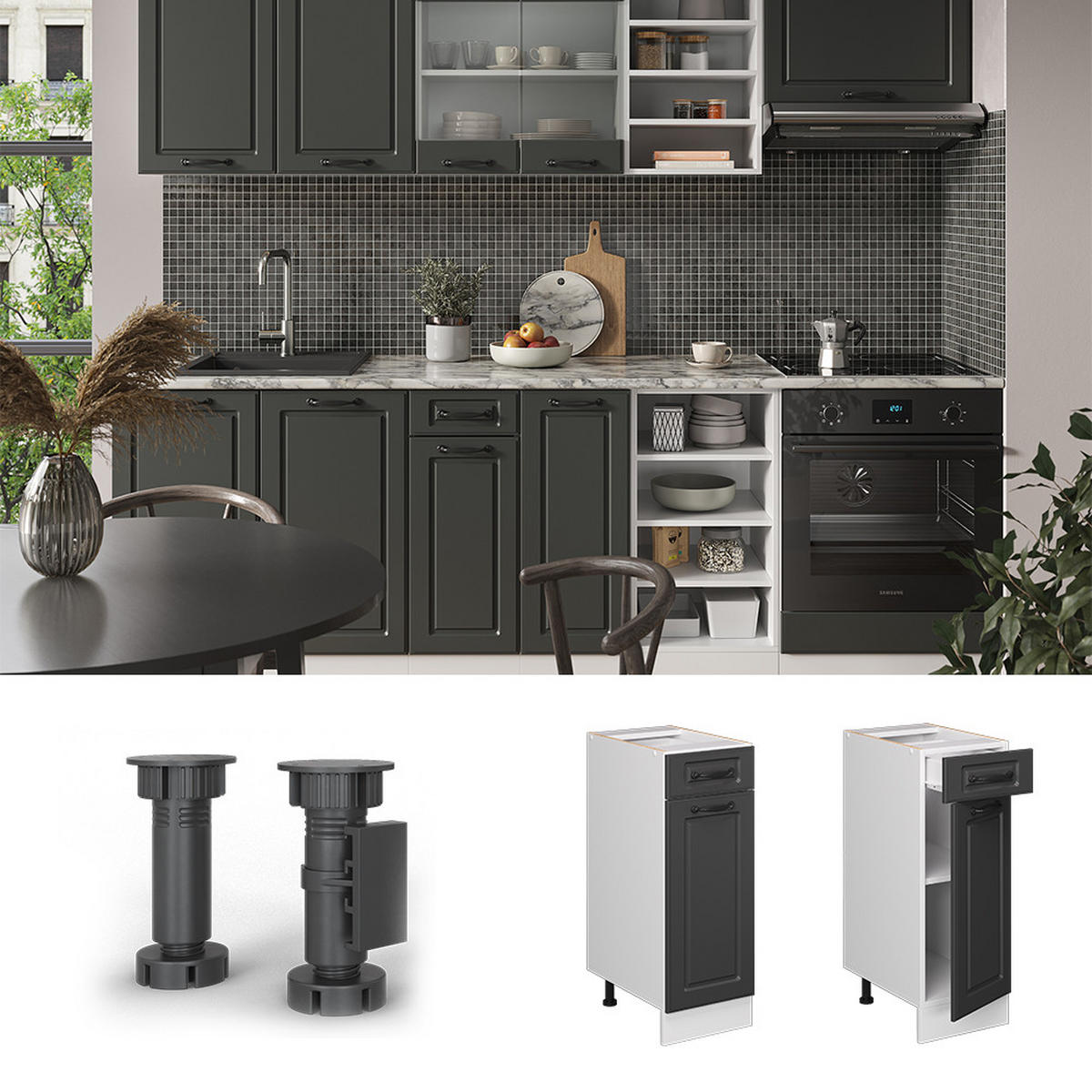 SCHUBLADENSCHRANK R-Line Anthrazit Landhaus 30 cm AP Marmor - Dunkelgrau/Anthrazit, Holzwerkstoff (30/81.6/60cm) - Vicco