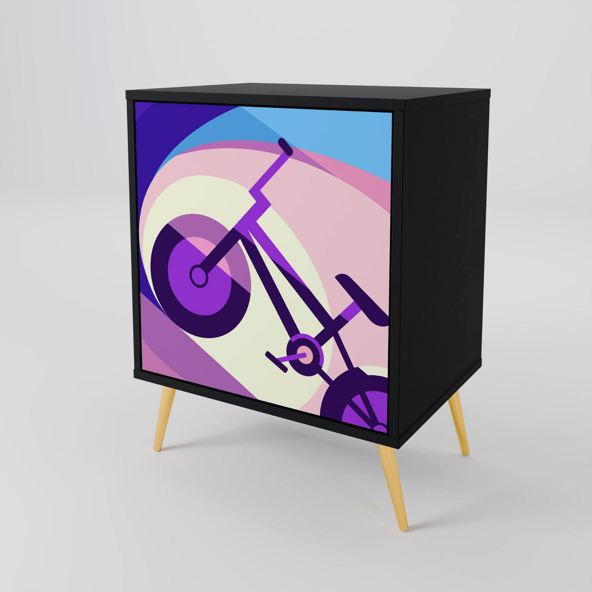 SIDEBOARD BIKE DREAMS, Schwarz, 57,5x42x72,5 cm, Schwarze Metallfüße - Multicolor/Schwarz, Holzwerkstoff/Metall (57.5/72.5/42cm) - SpaceRebels