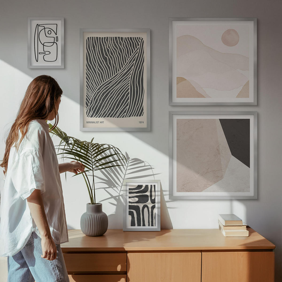 BILDER SET 5er Set - 50x50 cm & 20x30 cm & 40x60 cm Silberner Rahmen - Abstrakte Muster mit Linien - Silberfarben, Kunststoff (40/60cm) - TULUP
