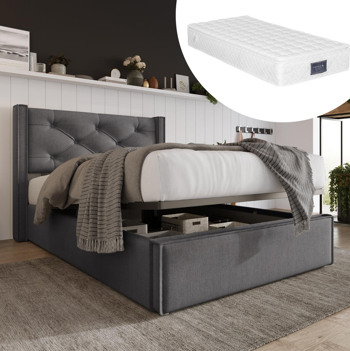 ČALÚNENÁ posteľ z bavlny 90/200 cm sivá s úložným priestorom - sivá, textil (90/200cm) - BEAOK