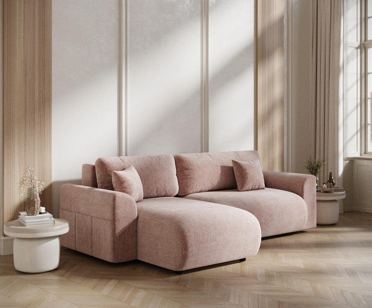 ECKSOFA MIT SCHLAFFUNKTION Bodega Rosa Chenille - Schwarz/Rosa, Holz/Holzwerkstoff (235/138cm) - Maison de Reve