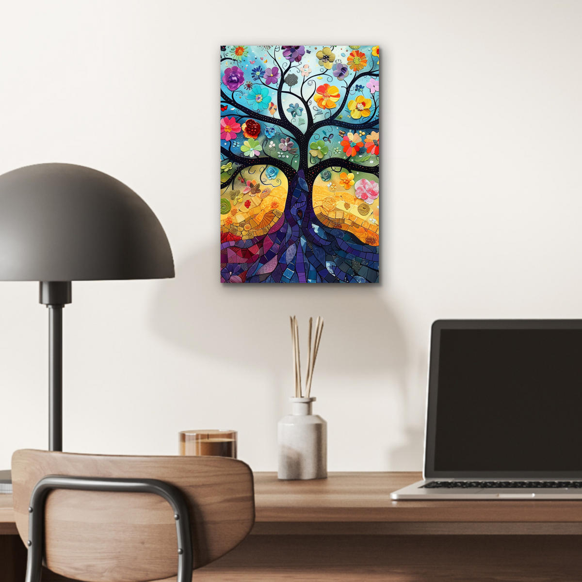 KOVOVÝ OBRAZ Umenie - Strom života - Kvety - Hippie 20x30 cm - tmavomodrá, kov (20/30cm) - MuchoWow