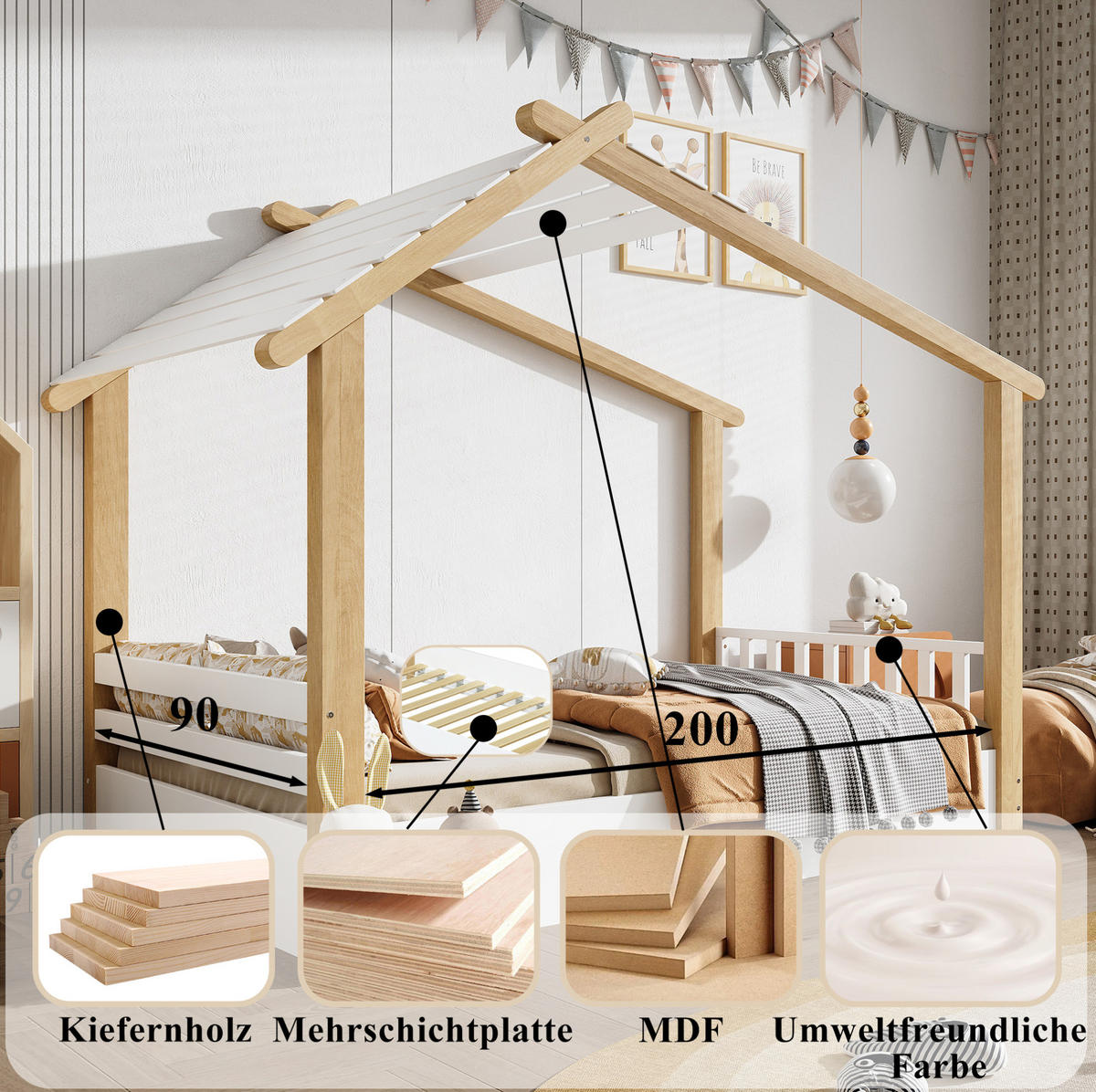 KINDERBETT 90/200 cm, Weiß/Natur mit Hausdesign, Lattenrost, ohne Matratze - Weiß, Holz (90/200cm) - MIVRAY