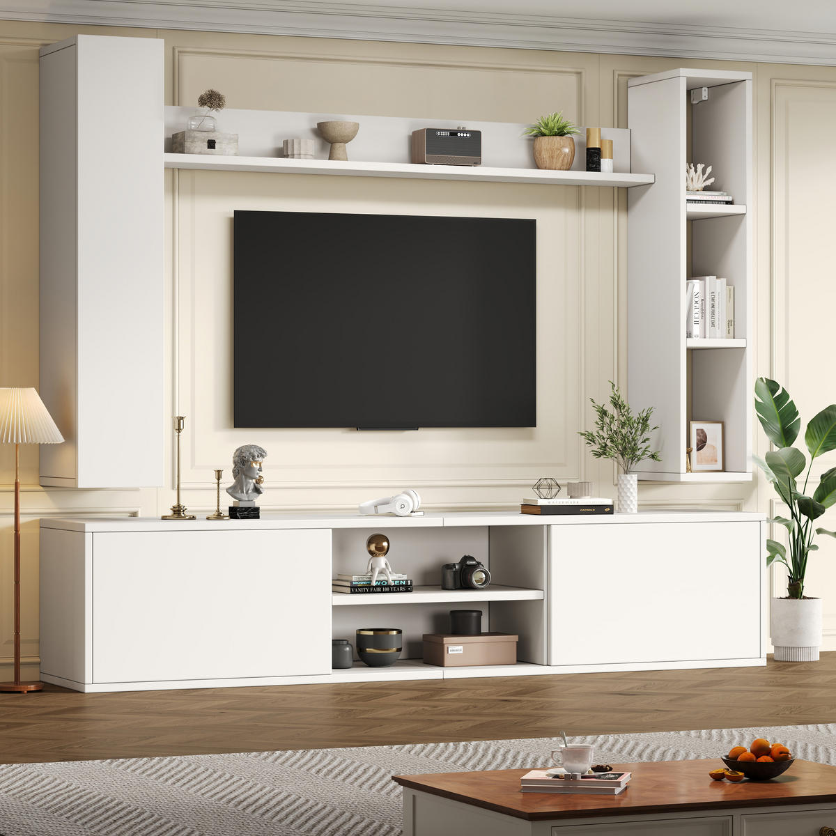 WOHNWAND 4-teilig LED TV-Board Regal Weiß 180cm - Weiß, Holzwerkstoff (180/33.5/35cm) - FLIEKS