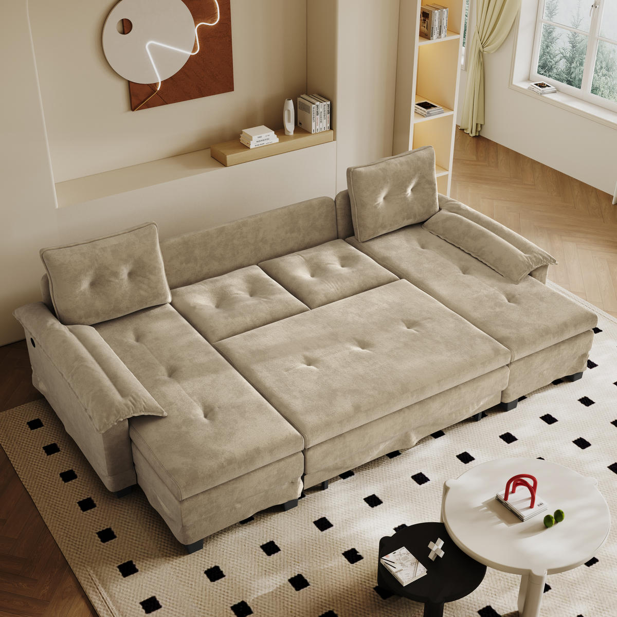 WOHNLANDSCHAFT DE-34946 278 cm mit Schlaffunktion und USB Kamel - Sandfarben, Holz (127/87/278cm) - ComfortXL