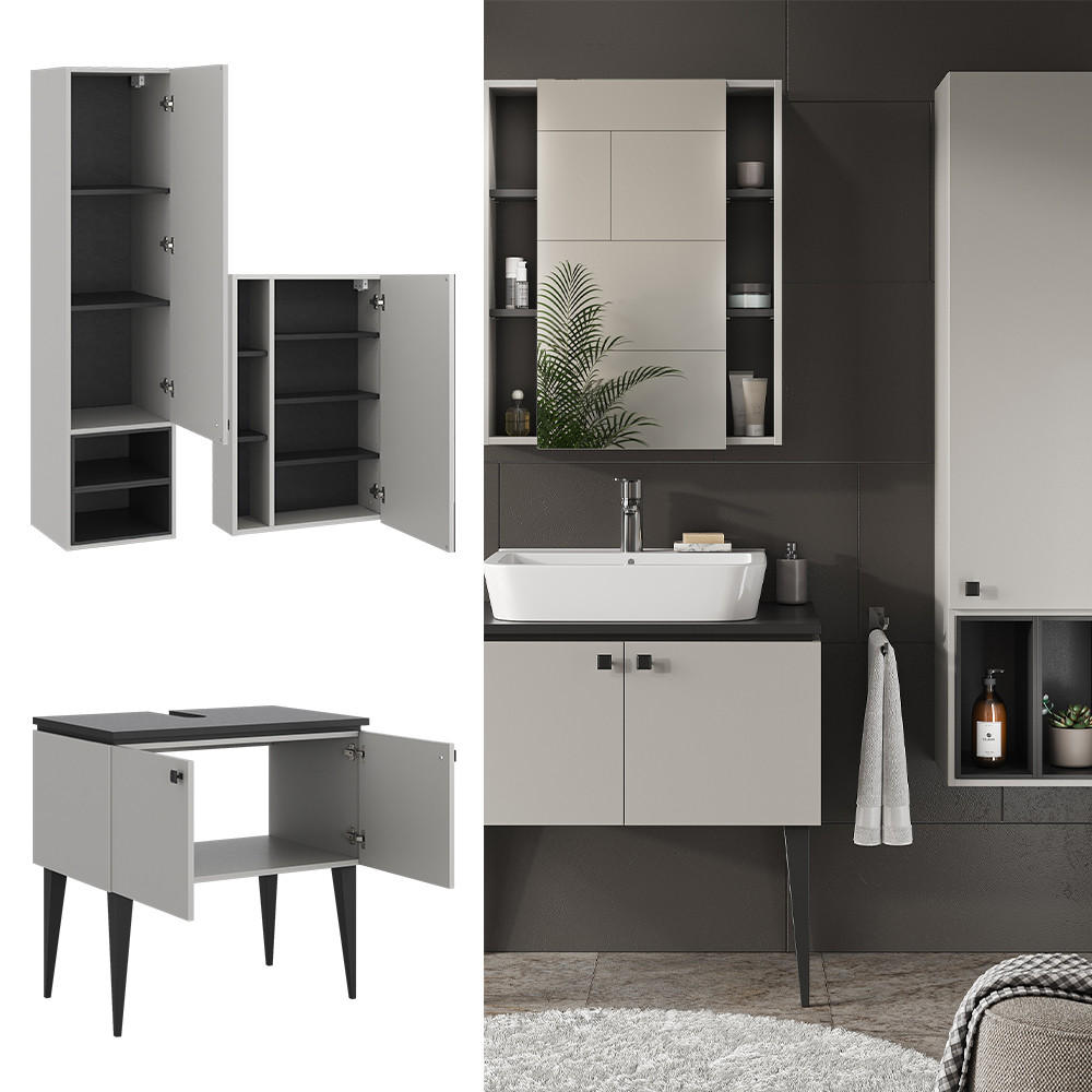 BADMÖBEL-SET Gerta Grau 3 Teile, Hängeschrank 1 Tür - Schwarz/Grau, Holzwerkstoff (80/79/50cm) - Vicco