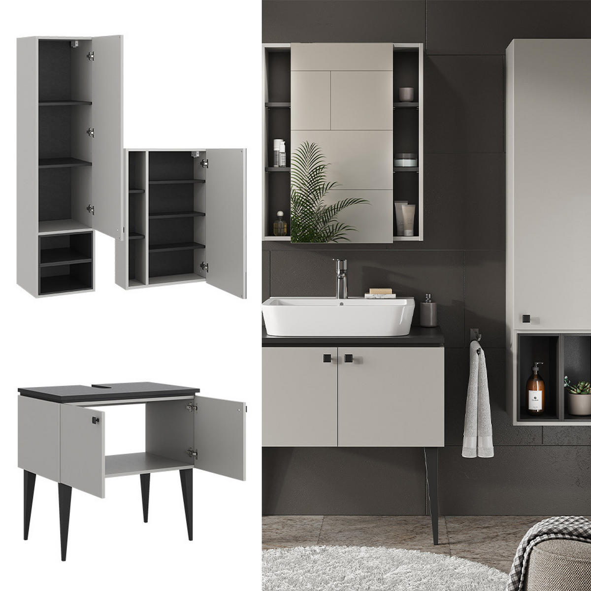 BADMÖBEL-SET Gerta Grau 3 Teile, Hängeschrank 1 Tür - Schwarz/Grau, Holzwerkstoff (80/79/50cm) - Vicco