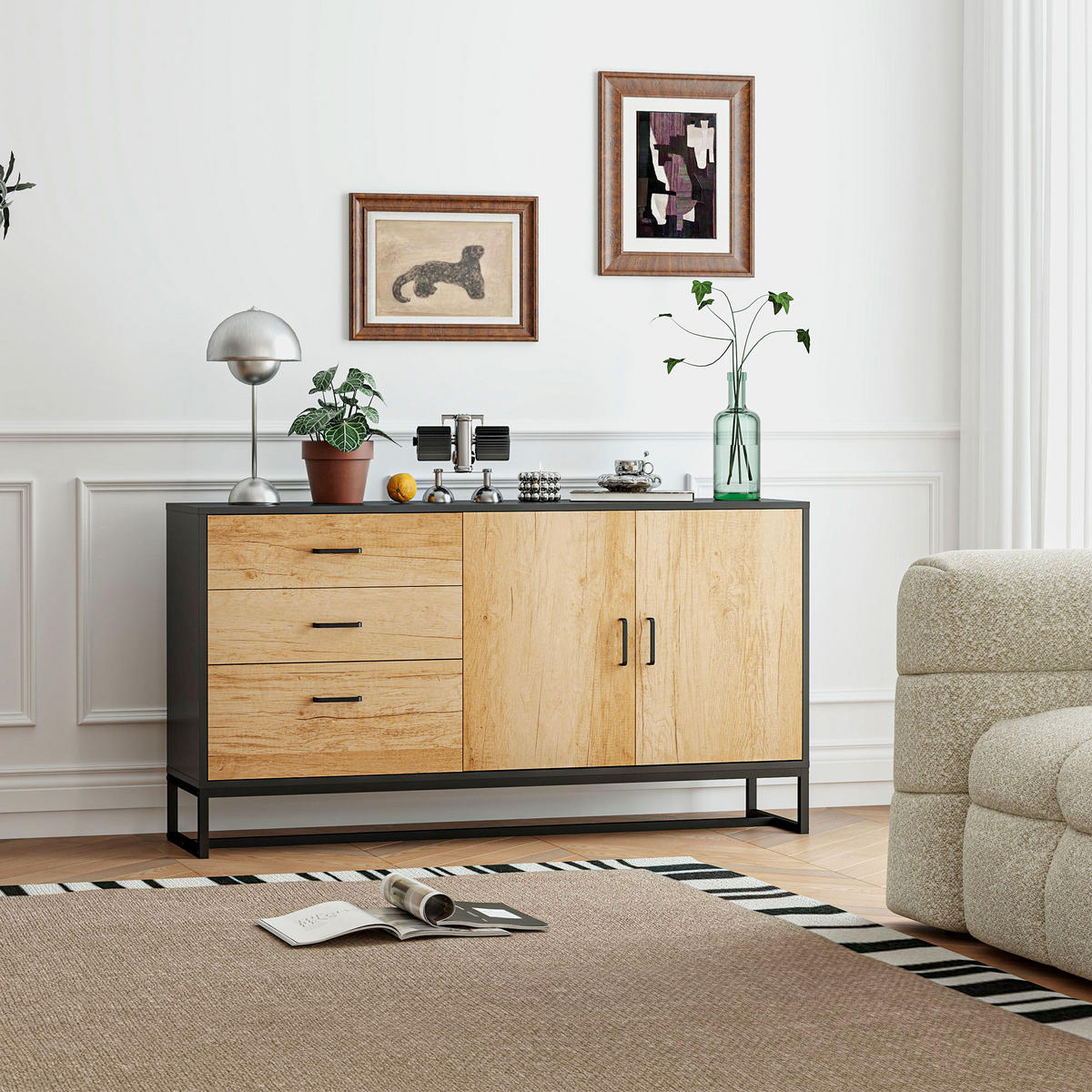 SIDEBOARD DE-11119 3 Schubladen & verstellbarer Boden Weiß - Naturfarben, Holzwerkstoff (140/75/35cm) - ComfortXL