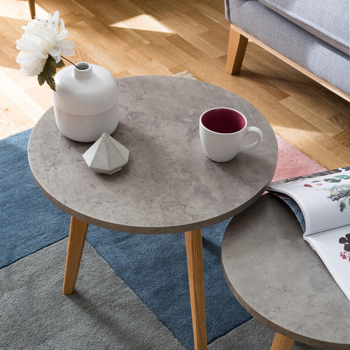 BEISTELLTISCH-SET - 2-teilig - Eiche teilmassiv - Grau, Holz/Holzwerkstoff (50/50/45cm) - home24