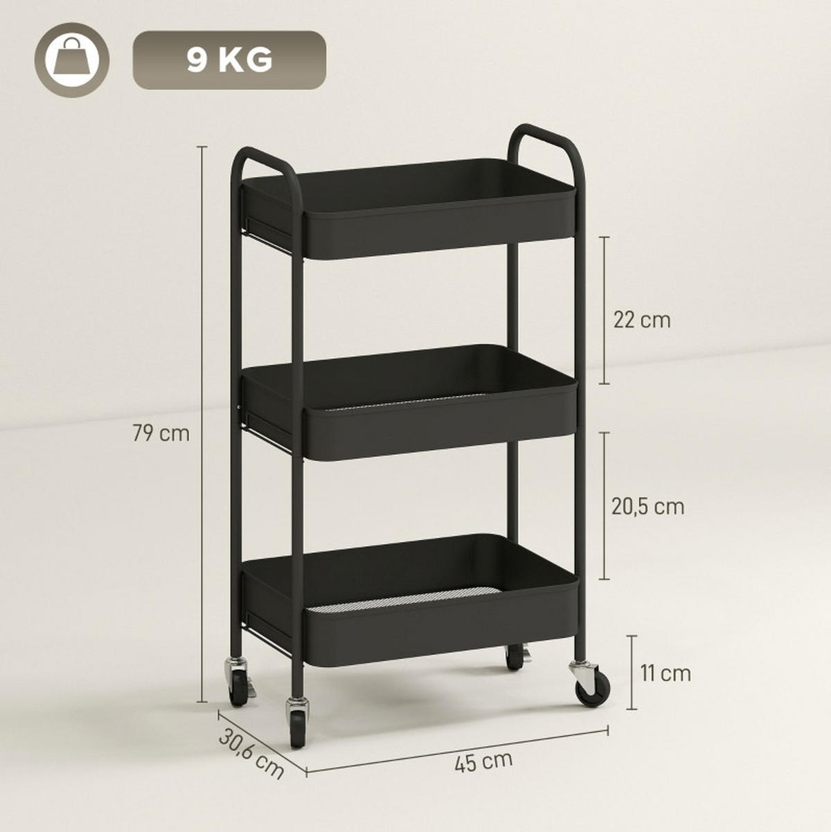 ROLLWAGEN mit 3 Gitterkörben 45 x 30,6 x 79 cm Stahl Schwarz - Schwarz, Metall (30.6/79/45cm) - Beauniv
