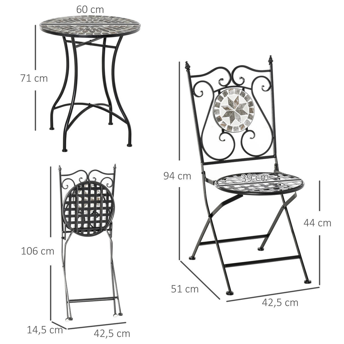 BISTROSET DE-07355 mit Mosaikmuster und klappbaren Stühlen Mehrfarbig - Schwarz/Grau, Keramik/Metall - ComfortXL