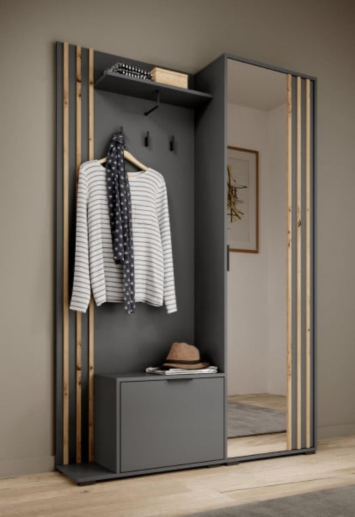 GARDEROBE Grafit MELA Laminiert Artisan Mit Spiegel - Graphitfarben/Eiche Artisan, Holzwerkstoff (131/192/40cm) - Sepro Meble