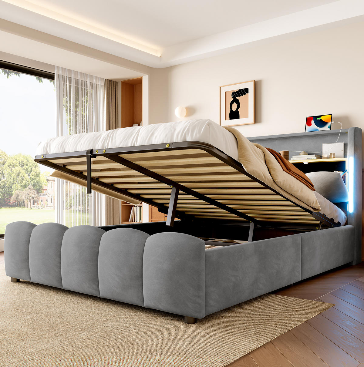 POLSTERBETT mit Stauraum und LED 140x200 cm Samt Grau - Grau, Metall (140/200cm) - Meubliv