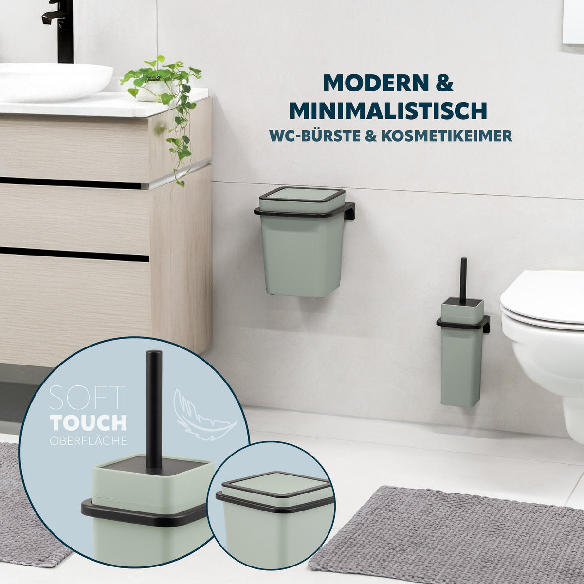 BAD-ACCESSOIRE-SET 2-TLG. Bürste u. Eimer SAVONA Softtouch inkl. Wandhalterung, eckig - salbei - Salbeigrün, Kunststoff (18/25/21cm) - bremermann