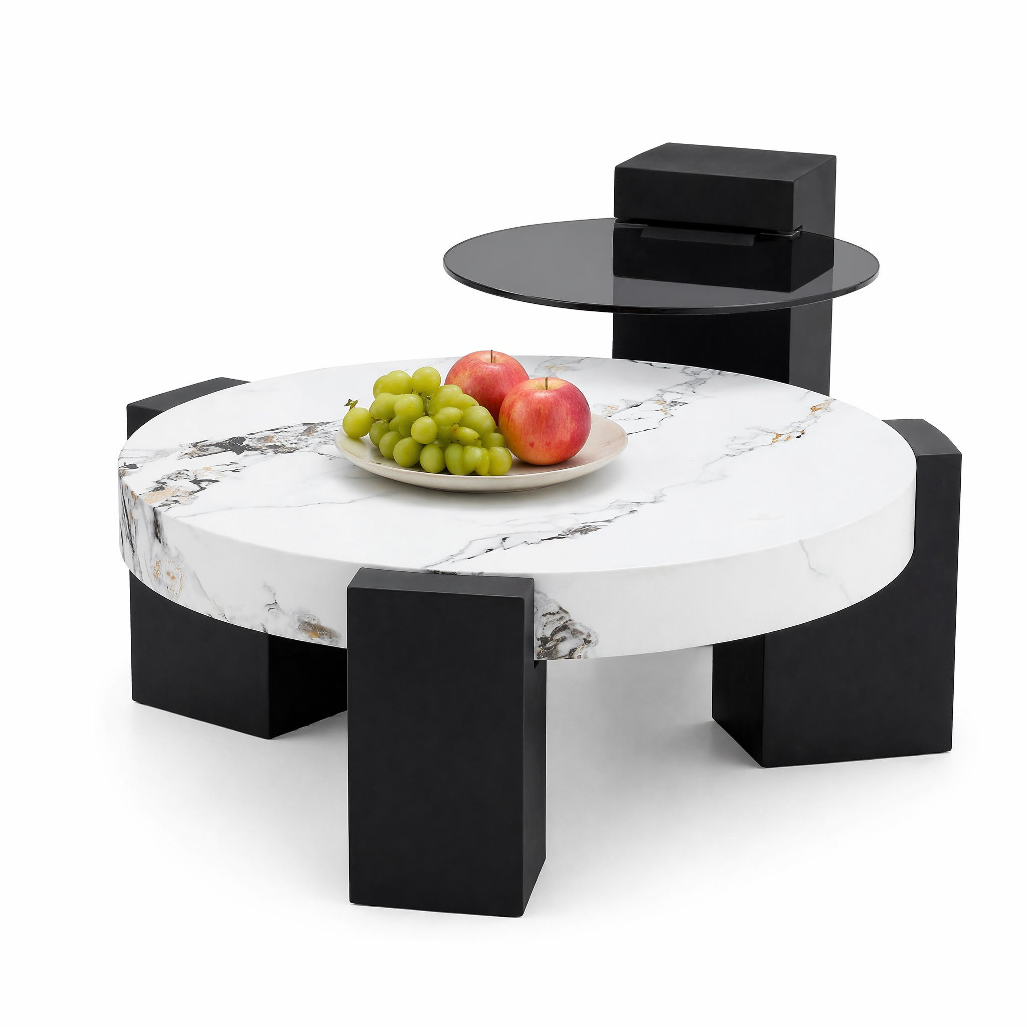 COUCHTISCH in Schwarz und Weiß 2er-Set Couchtisch-Kombination mit Glasplatte für Wohnzimmer, B44/T62/H44 cm, Ø61/H30 cm - Schwarz/Weiß, Glas/Holzwerkstoff (61/61/30cm) - STILVORA