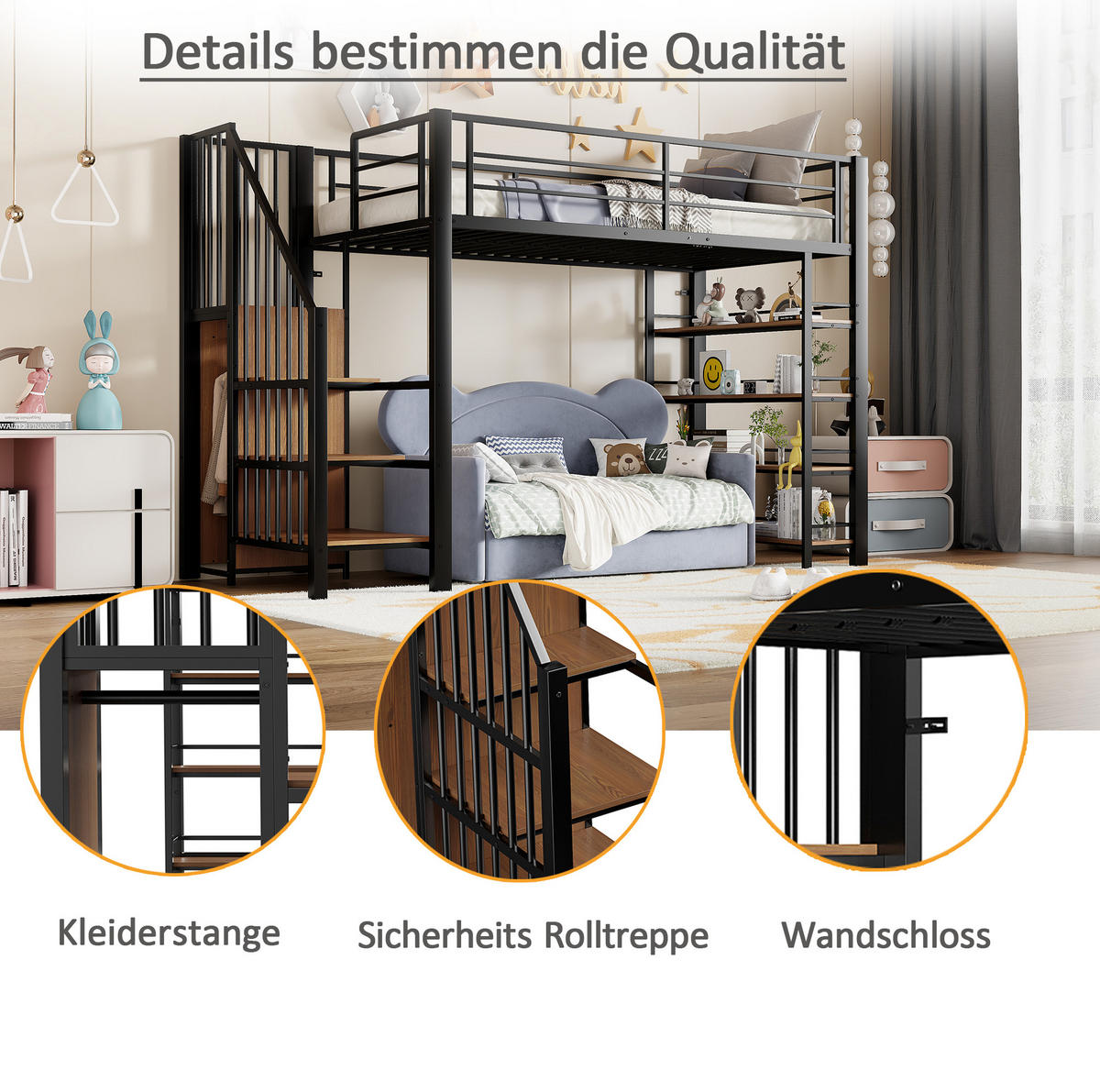 HOCHBETT 90/200 cm Schwarz aus Metall mit Sicherheitstreppe und Stauraum - Schwarz, Metall (90/200cm) - OKMYHOME