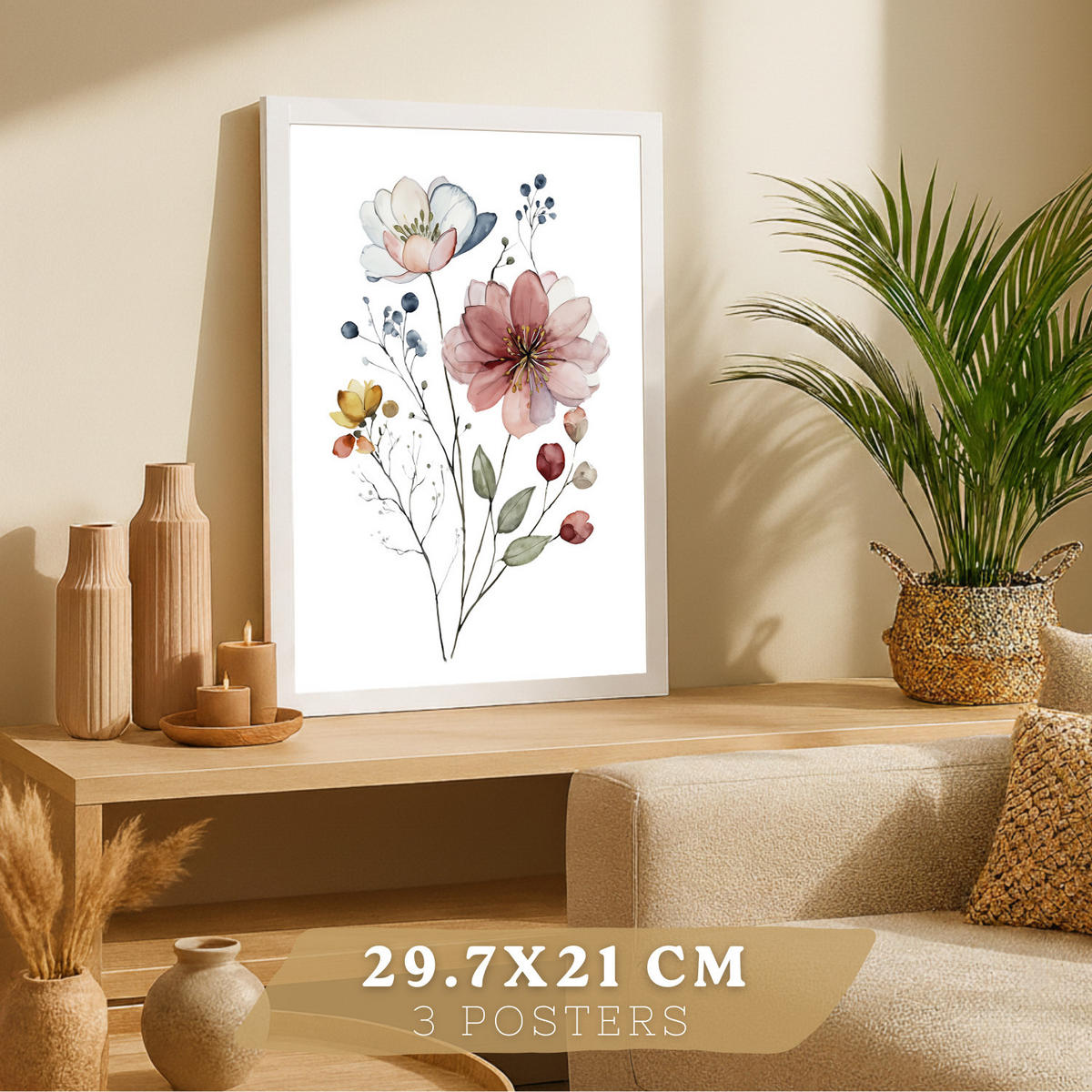 PLAKAT Sada 3 akvarelových květinových obrazů. Dekorativní nástěnné tisky barevných květin. Obrazy divokých květin. Velikost Bílý rám A4 - bílá, papír (21/29.7/3cm) - Nacnic