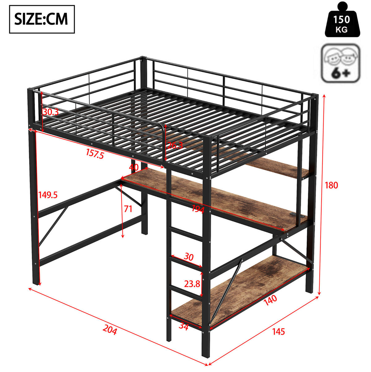 HOCHBETT 140/200 cm mit Schreibtisch, Regal, USB, Steckdose und LED-Beleuchtung, Metall, Schwarz - Schwarz, Metall (140/200cm) - Redom