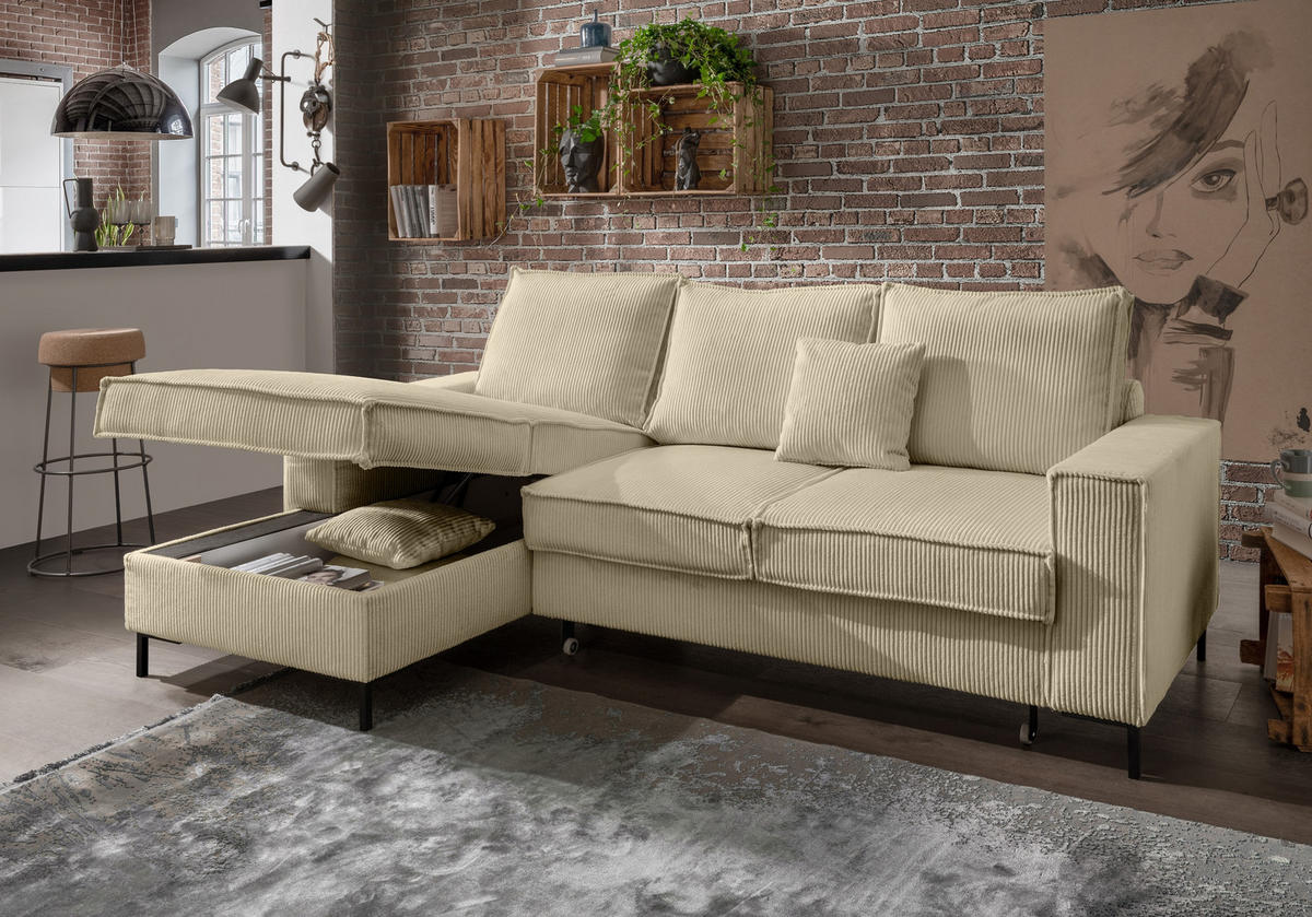 ECKSOFA mit Schlaffunktion, Bettkasten, Wellenunterfederung, Récamiere links B240/T150/H92 cm, Liegefl. 125x198 cm, Cord Beige Grau / 17223 - Greige/Beige, Textil/Metall (240/150cm) - luma-home