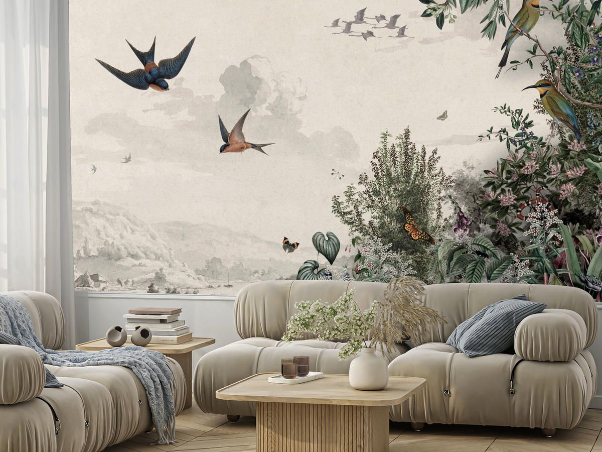 FOTOTAPETE für Wohnzimmer Retro Tropenlandschaft Vögel Büsche 400x280 - Beige/Rot, Papier (400/280cm) - Muralo