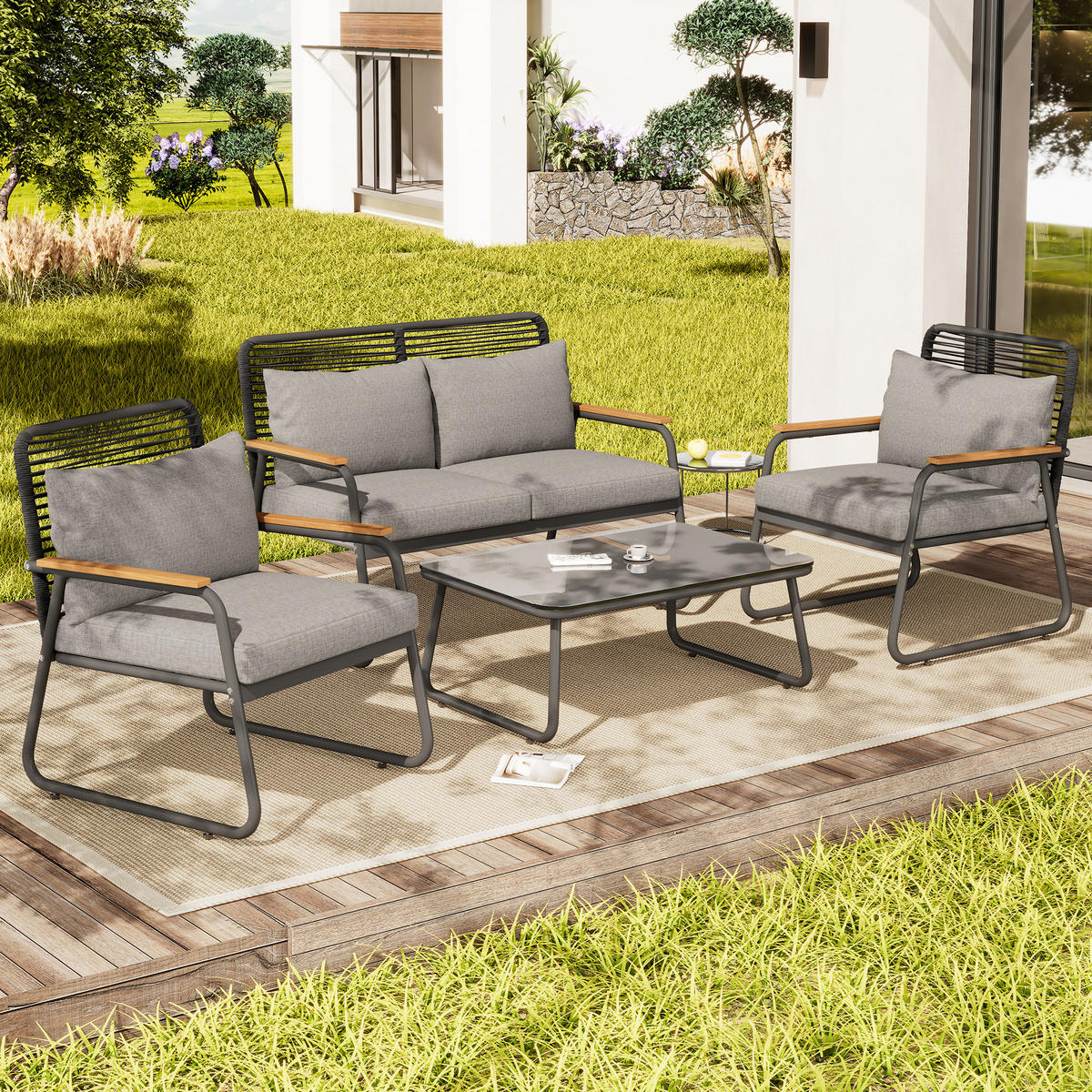 GARTEN Lounge Set für 4 Personen mit Eisenrahmen Glastisch verstellbaren Beinen Sitz und Rückenkissen Grau - Grau, Metall - FLIEKS