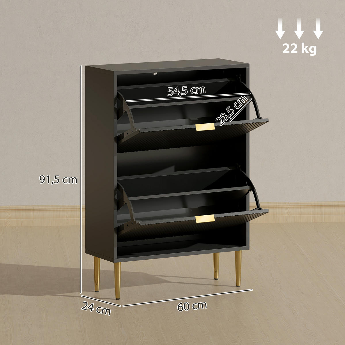 SCHUHSCHRANK Schwarz MDF und Metall klappbar mit Fächern 1 Stück - Schwarz, Holzwerkstoff (60/91.5/24cm) - PANGIVO