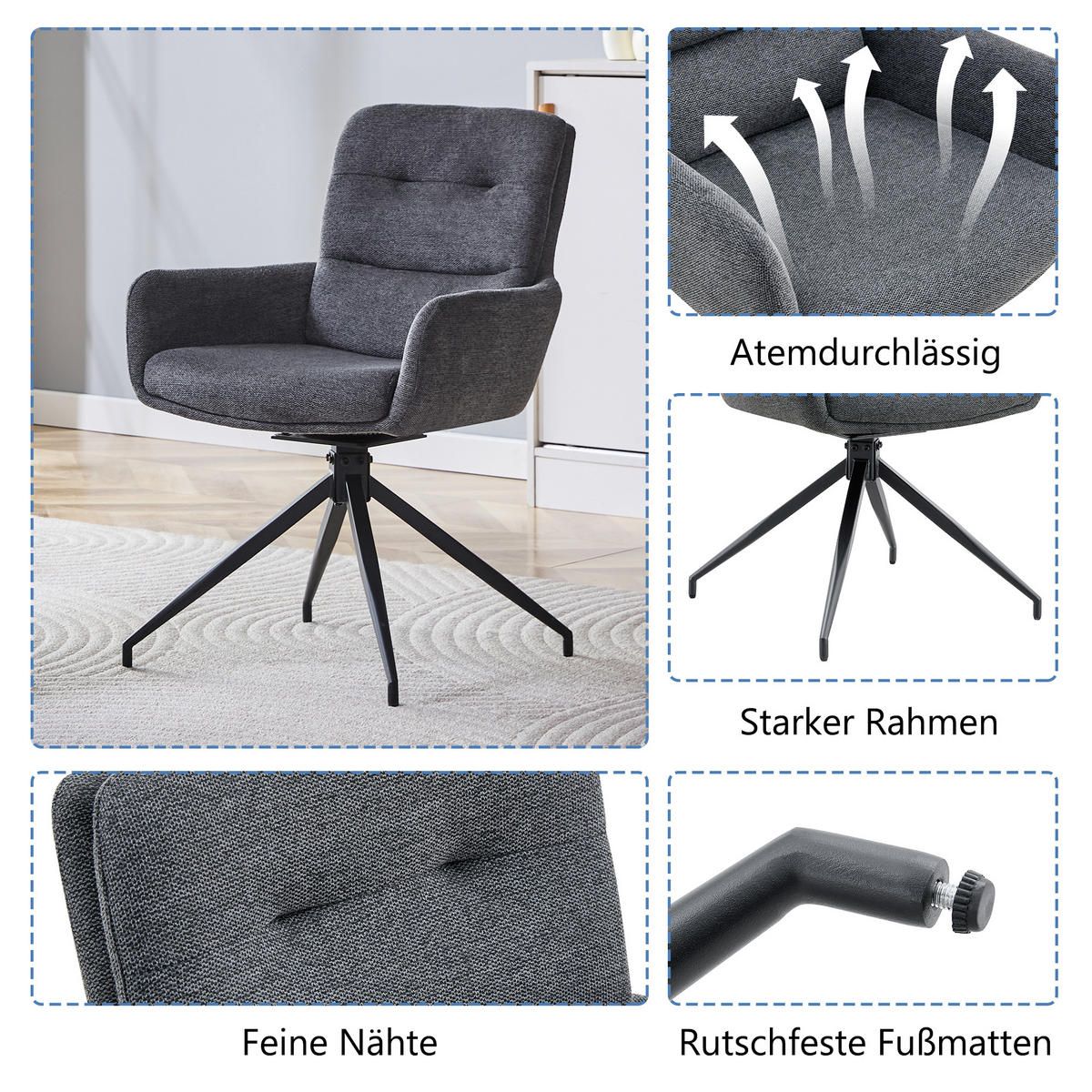 ESSZIMMERSTUHL 2er set stoff leinenoptik gepolstert drehbar metallgestell - Dunkelgrau, Textil (55/85/50cm) - Urban Meuble