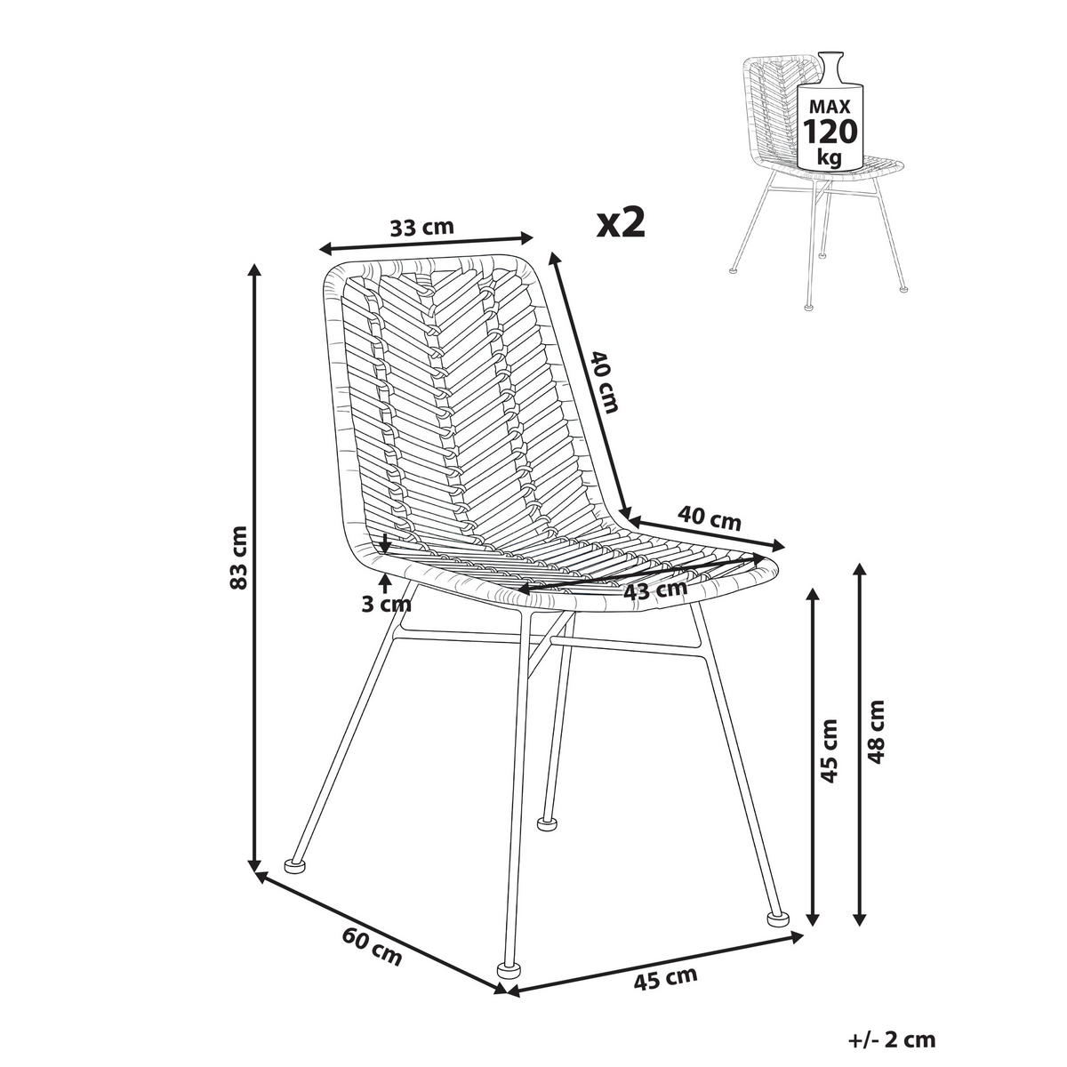 ESSZIMMERSTUHL 2er-Set Rattan Naturfarben Dilley - Naturfarben, Naturmaterialen (45/83/60cm) - Beliani