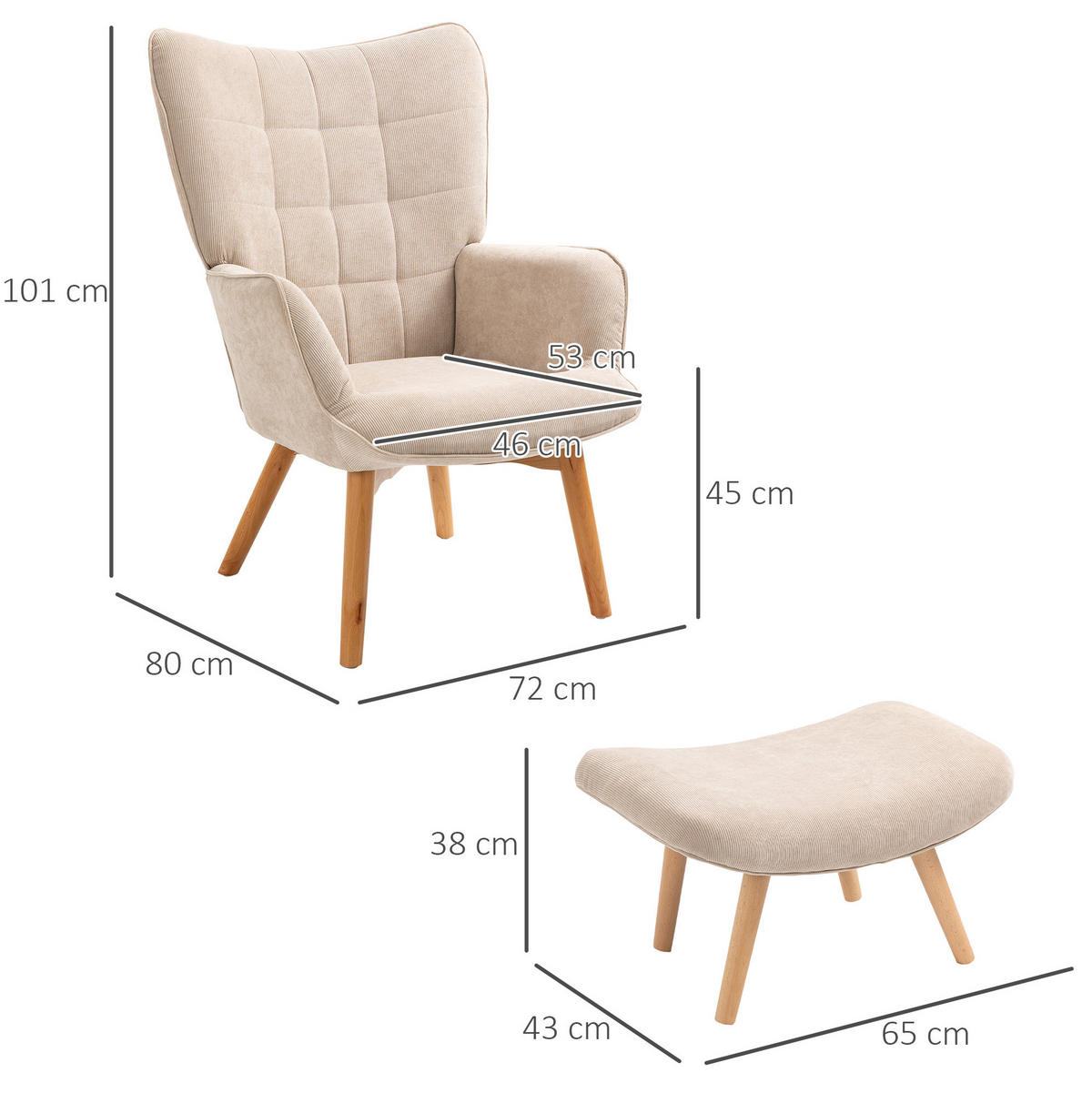 NASLANJAČ s podnožnikom 72/80/101 cm, z mehkim oblazinjenjem in rebrasto tkanino, Bež - bež, tekstil (80/101/72cm) - Redom