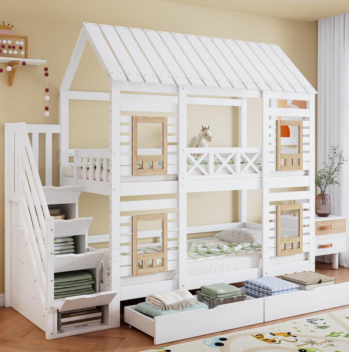 HAUSBETT 90/200 cm in Weiß/Natur mit Stauraumtreppe und 2 Schubladen - Weiß, Holz (90/200cm) - BEAOK