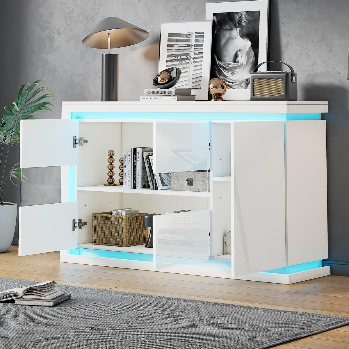 SIDEBOARD LED Hochglanz 4 Fächer Glas 140x40x84cm - Weiß, Holzwerkstoff (40/84/140cm) - FLIEKS