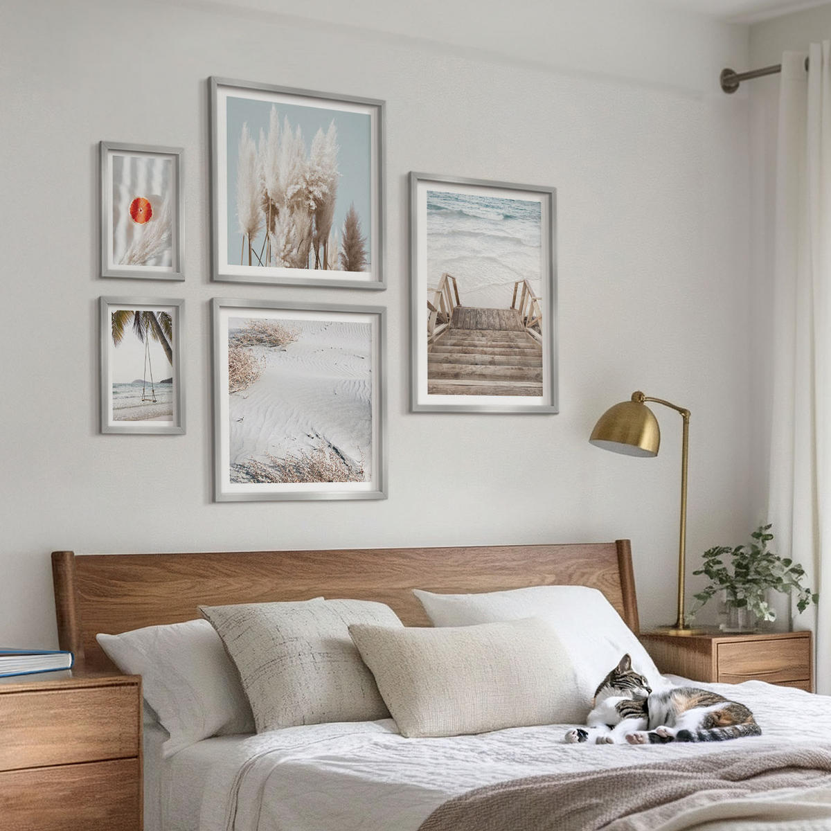 WANDBILDER 5er Set - 50x50 cm & 20x30 cm & 40x60 cm Silberner Rahmen - Strandatmosphäre dank hölzerner Treppen. - Silberfarben, Kunststoff (40/60cm) - ArtPrintCave