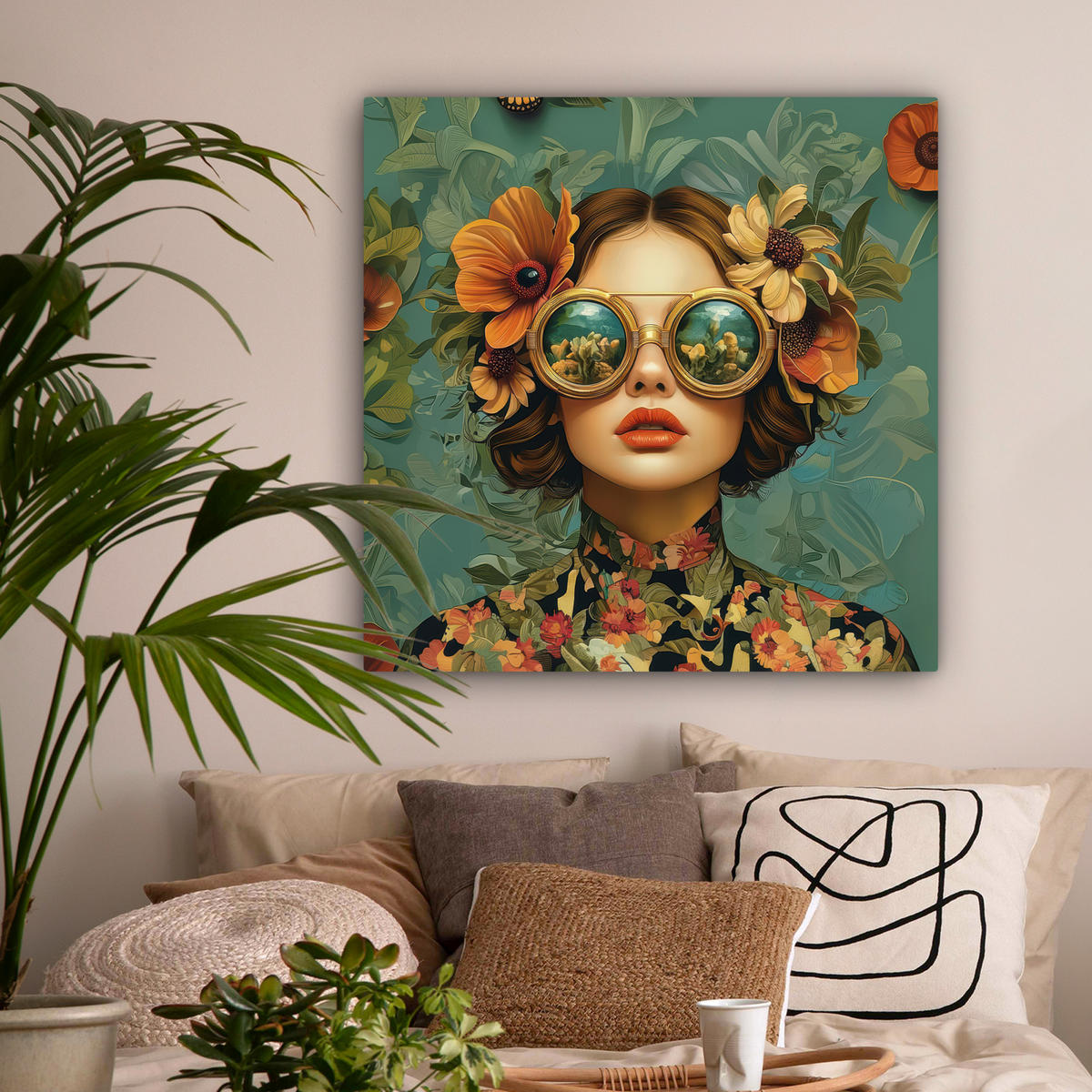 LEINWANDBILD Frau - Blumen - Schmetterlinge - Natur - Vintage Deko Groß 90x90 cm - Salbeigrün, Textil (90/90cm) - MuchoWow