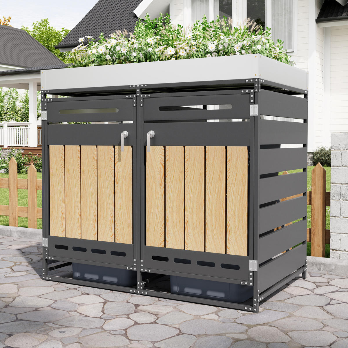 MÜLLTONNENBOX Pflanzkasten Holzoptik Belüftung Schloss - Schwarz, Metall (131/120/79cm) - LEBENLANG