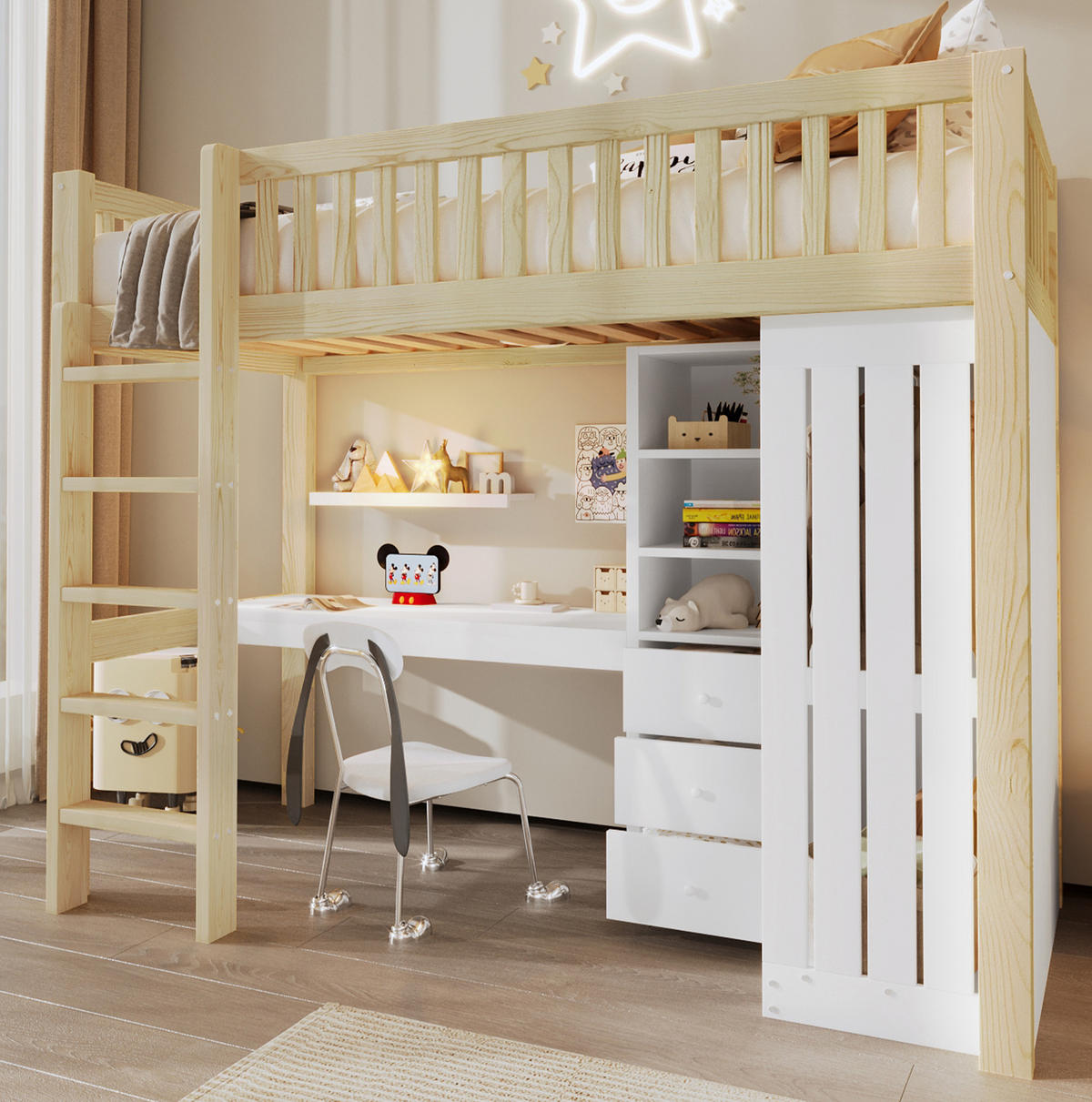 HOCHBETT 90/200 cm Natur mit Schreibtisch, Kleiderschrank und 3 Schubladen - Naturfarben, Holz (90/200cm) - Flora Grace