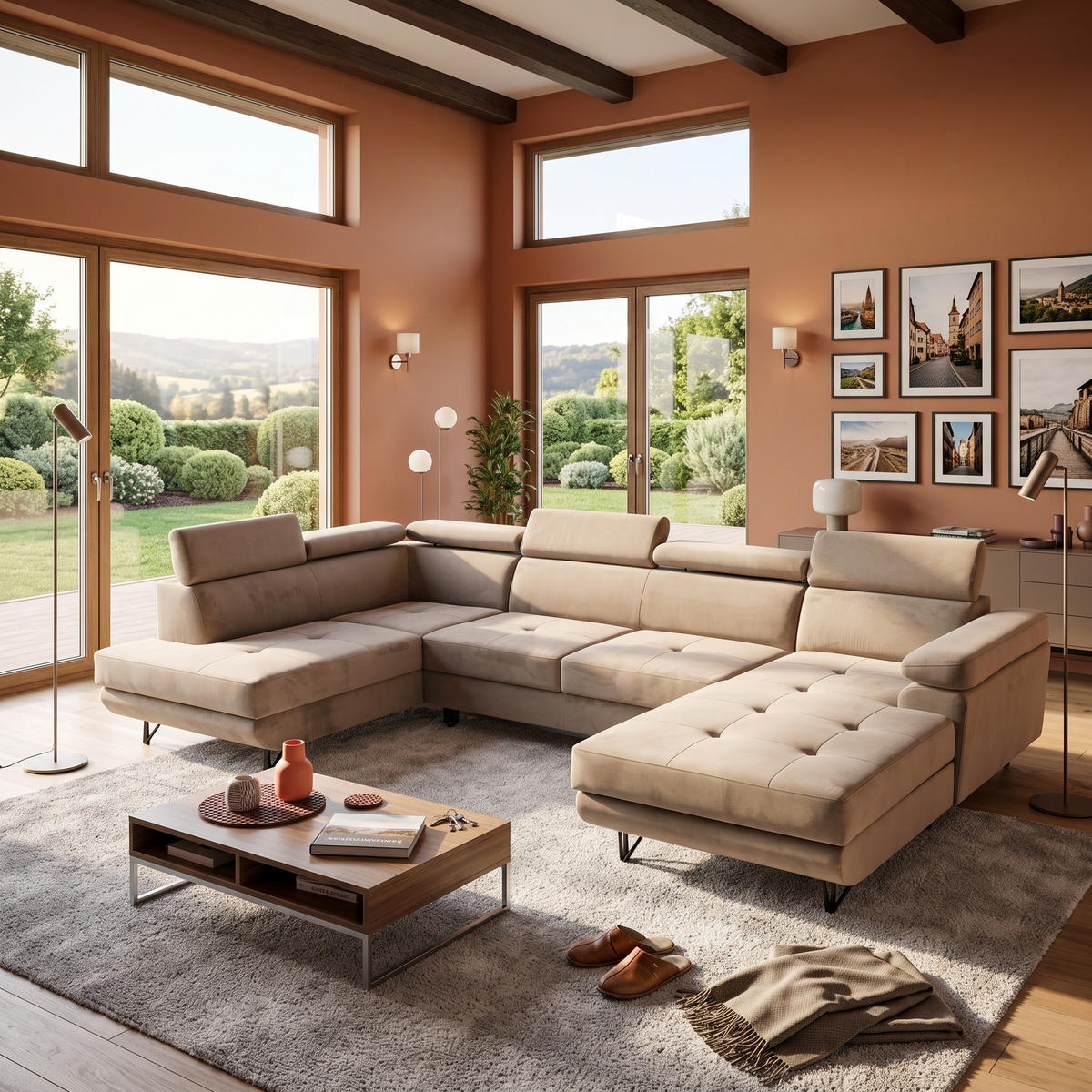 ECKSOFA U-Form JUNIOR U Links mit Schlaffunktion 128x254 Velours Beige - Beige/Schwarz, Holz/Textil (323/90/184cm) - Muffo