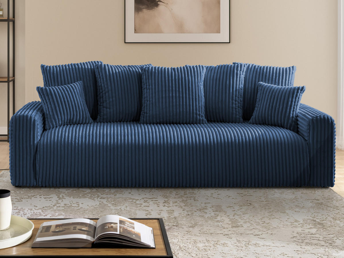 SCHLAFSOFA Calma mit Bettkasten im Bumpy-Design aus weichem Marineblau Plüschcord - Blau/Schwarz, Holz/Kunststoff (239/88/98cm) - S-Style