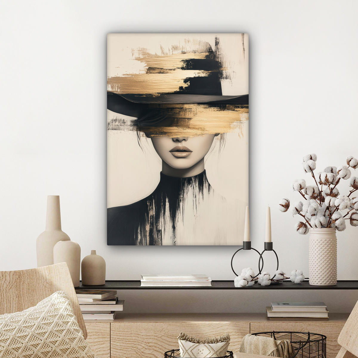 LEINWANDBILD Frau - Hut - Farbe Wanddeko 40x60 cm - Goldfarben, Textil (40/60cm) - MuchoWow