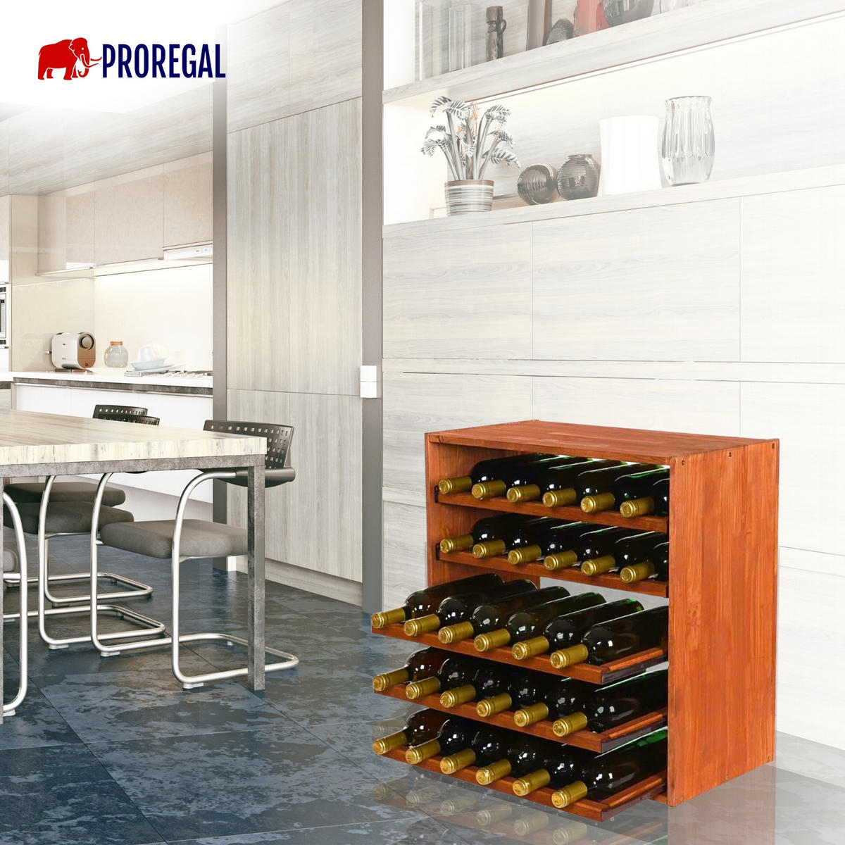 WEINREGAL Vincellar Mod 60x60x30 cm Auszug Modul Für 30 Flaschen mit Ausziehbaren Ebenen Massives Kiefernholz Braun Geölt - Braun, Holz (60/60/30cm) - PROREGAL