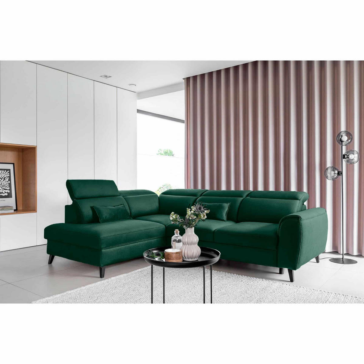 ECKSOFA mit Schlaffunktion & Bettkasten - Dunkelgrün/Schwarz, Holz/Textil (255/201cm) - Eltap