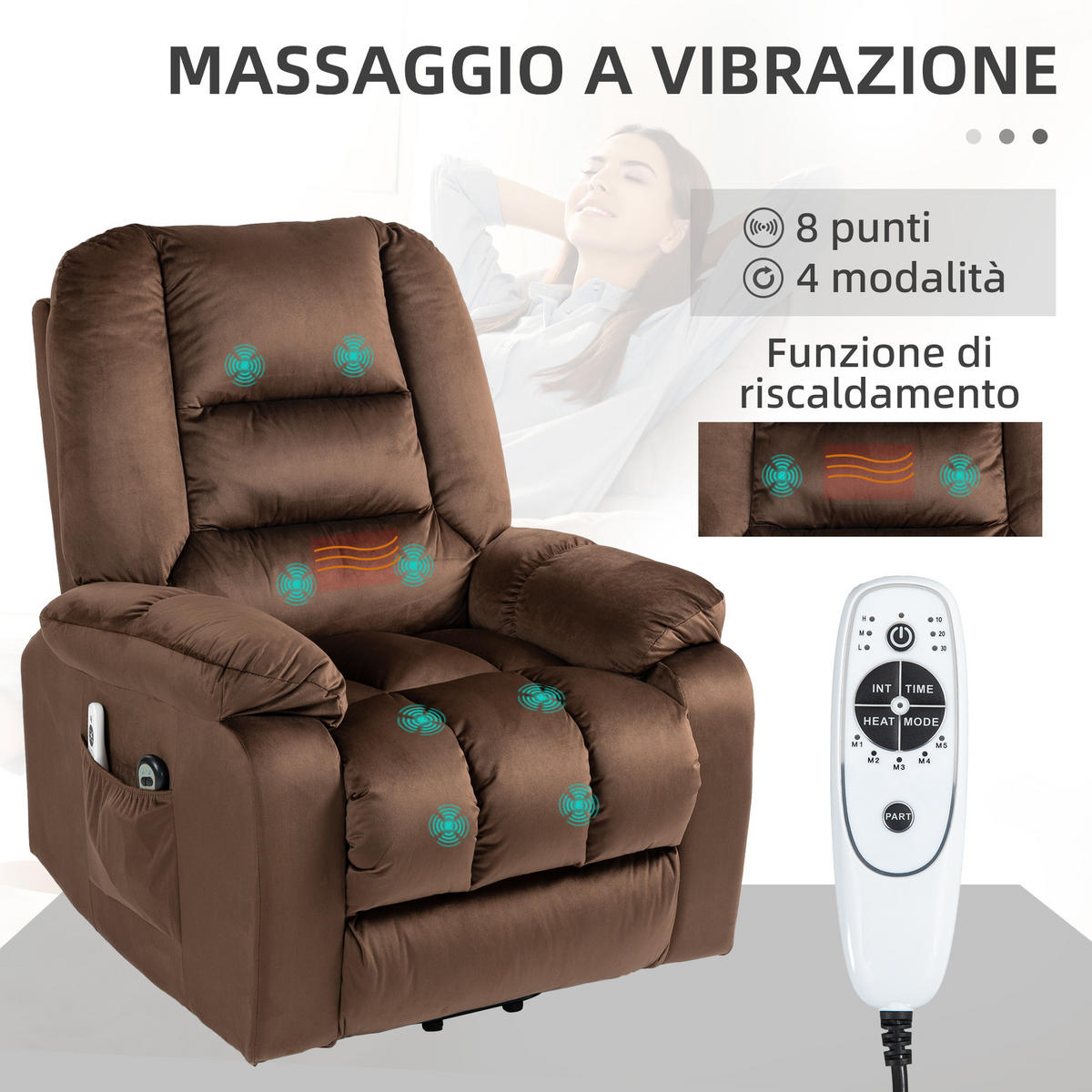 RELAXSESSEL, Brauner Samt, Liege- & Massagefunktion, Heizung, Entspannungssessel - Multicolor, Holzwerkstoff (85/107/94cm) - FORIOUS