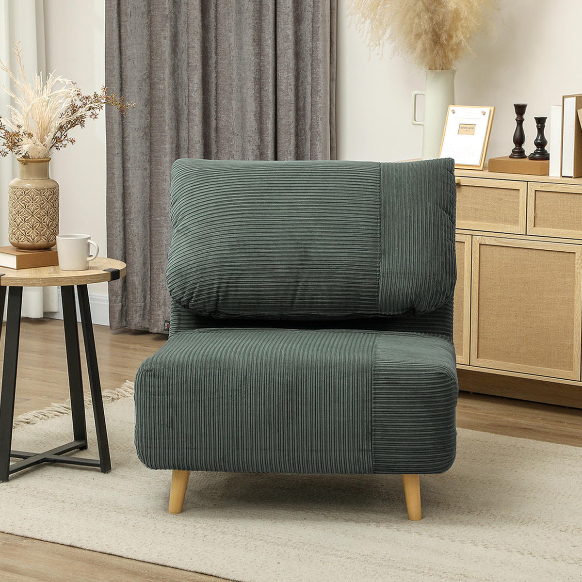 2-IN-1 Schlafsofa Schlafsessel Klappmatratze Gästebett Klappbett Grün - Naturfarben/Grün, Holz/Textil (89/83/82cm) - HOMCOM