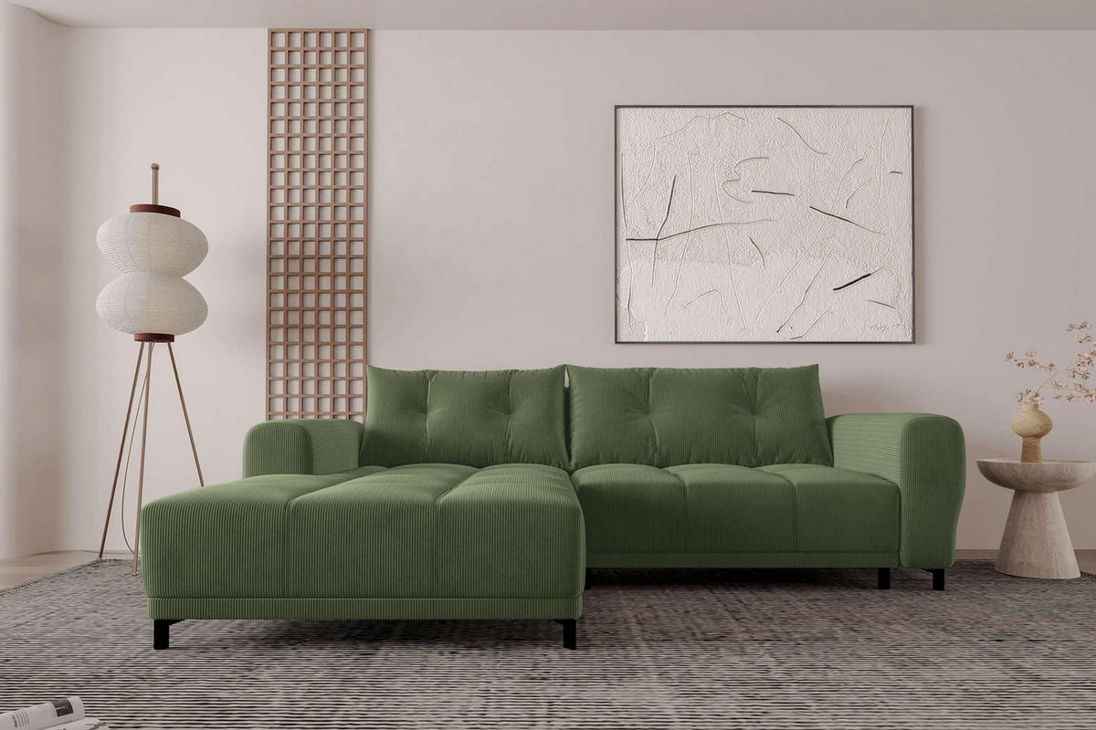 ECKSOFA Massimo Cordstoff Olivgrün inkl. Schlaffunktion Links - Schwarz/Olivgrün, Textil/Metall (246/177cm) - 99rooms