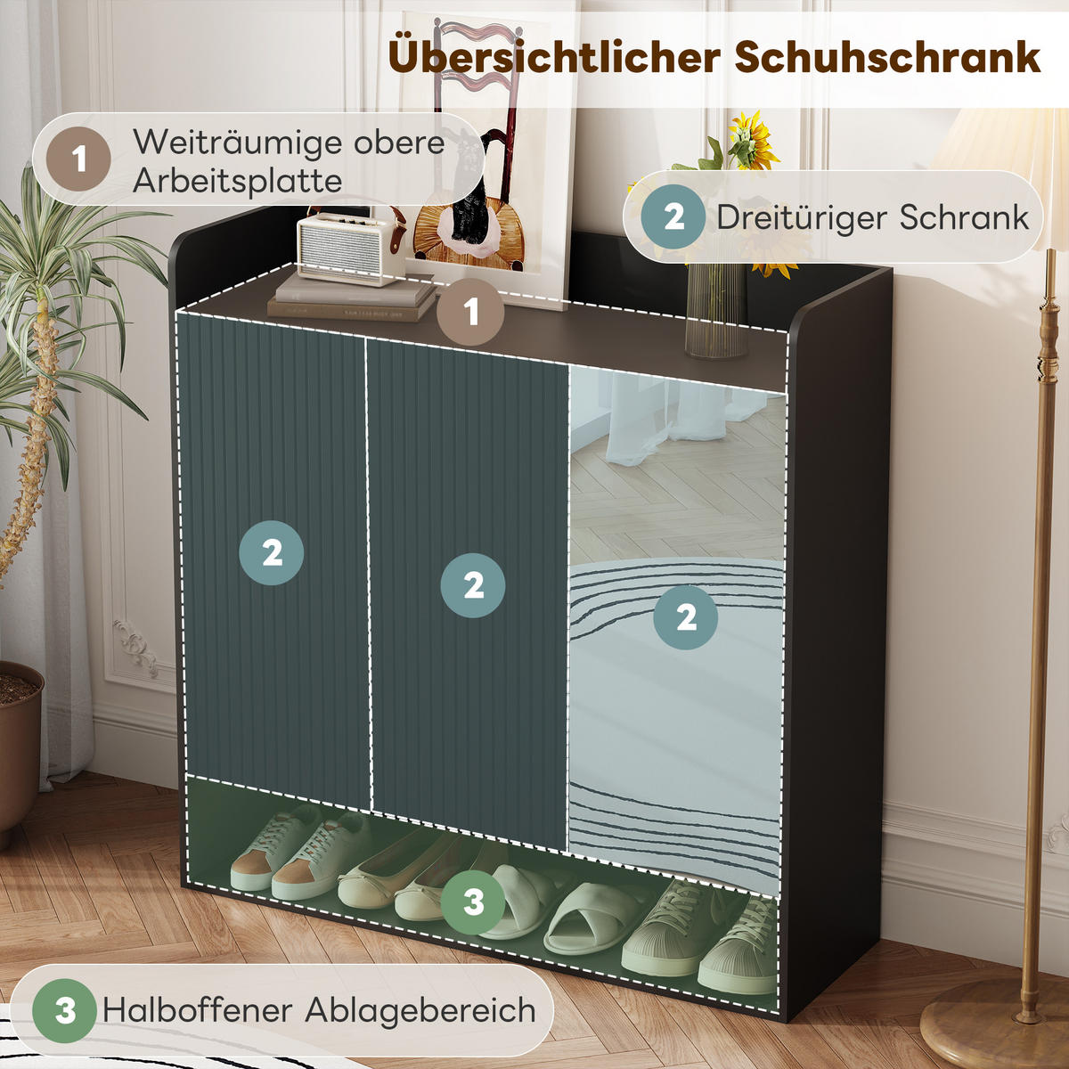 SCHUHSCHRANK Schwarz gestreift Spiegel Mehrstöckig groß Stauraum - Schwarz, Holzwerkstoff (35.5/110/110cm) - FLIEKS