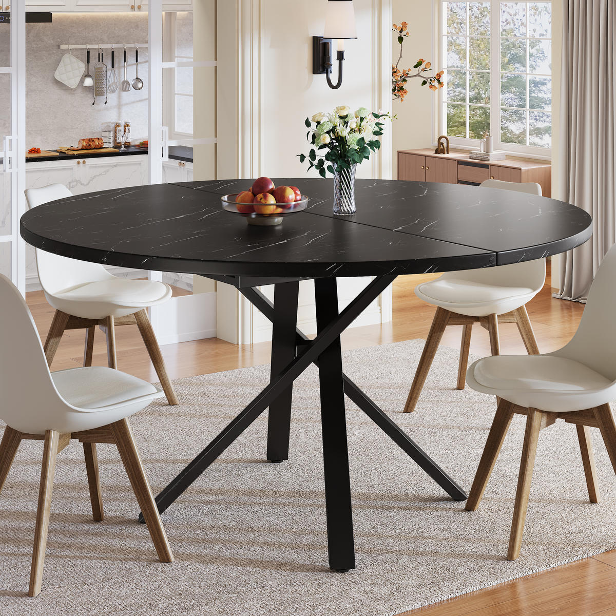ESSTISCH 100-140x76 cm in Schwarz aus MDF mit Marmoroptik auf X-Gestell ausziehbar - Schwarz, Holzwerkstoff (100/140/75.5cm) - Modfu