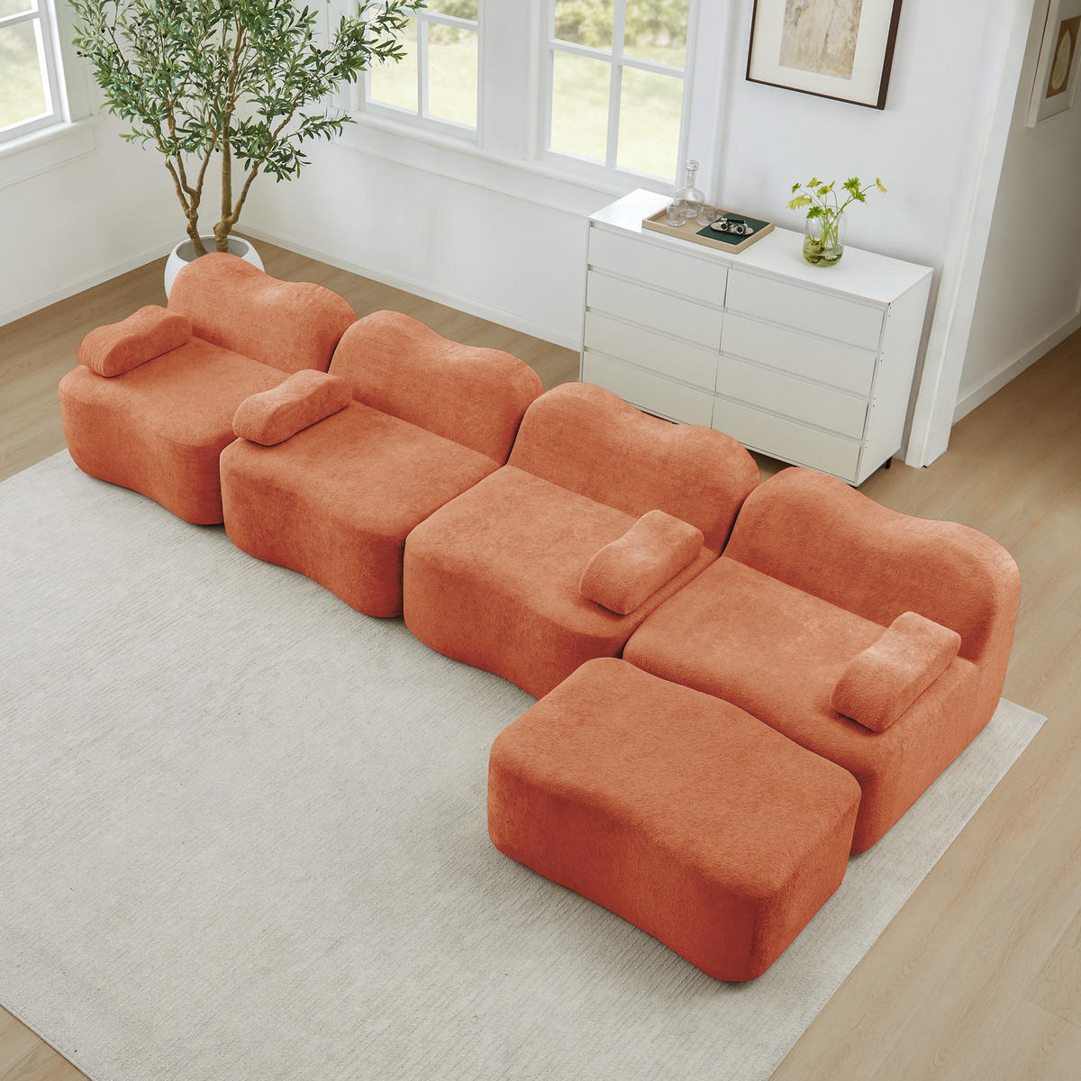 4-SITZER Sofa 384x167x70 cm aus Samtstoff rahmenlos modular mit Ottoman, orange - Orange, Textil (167/70/384cm)