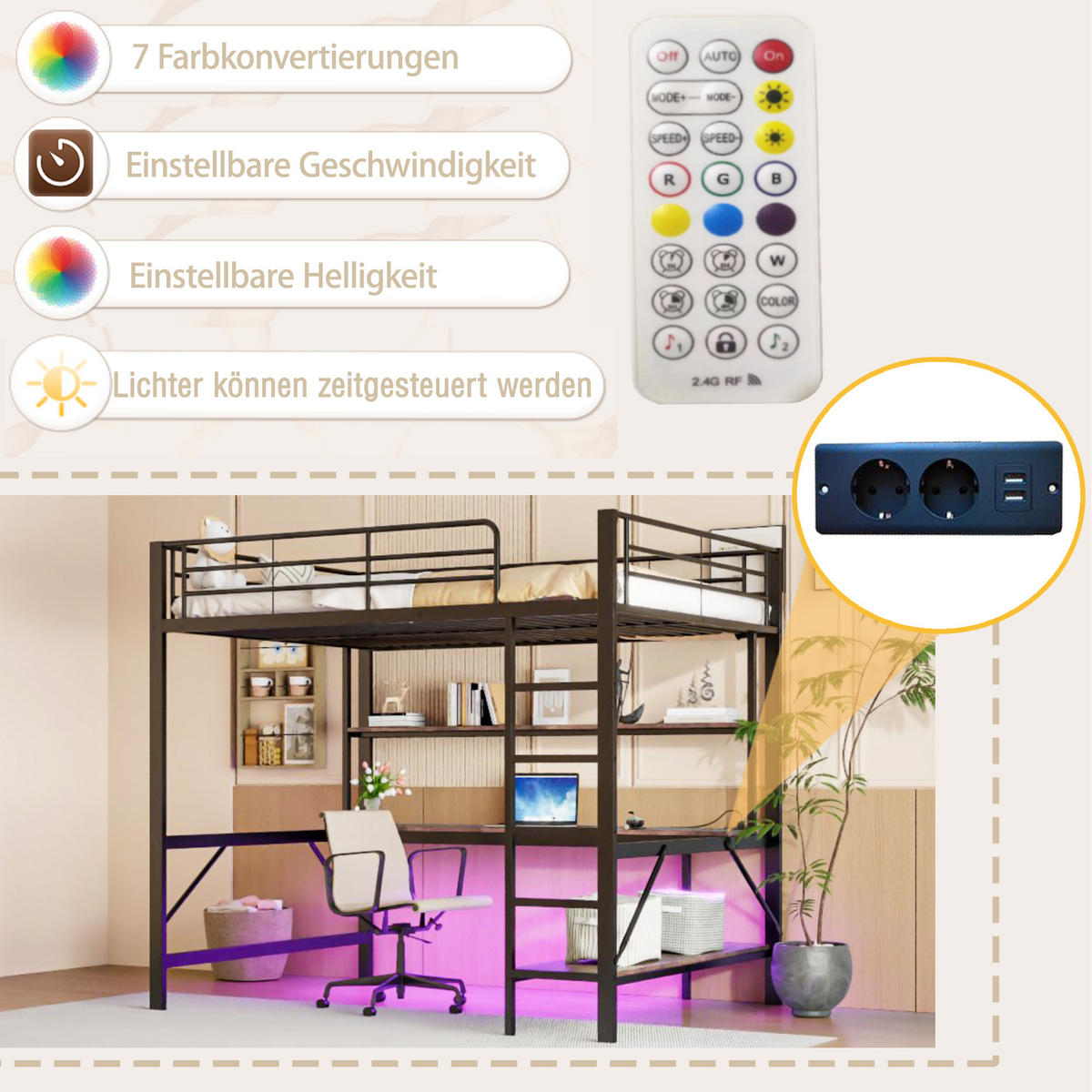 HOCHBETT 140/200 cm schwarz mit USB- und Steckdosenanschlüssen LED-Beleuchtung und Schreibtisch - Schwarz, Metall (140/200cm) - OKWISH